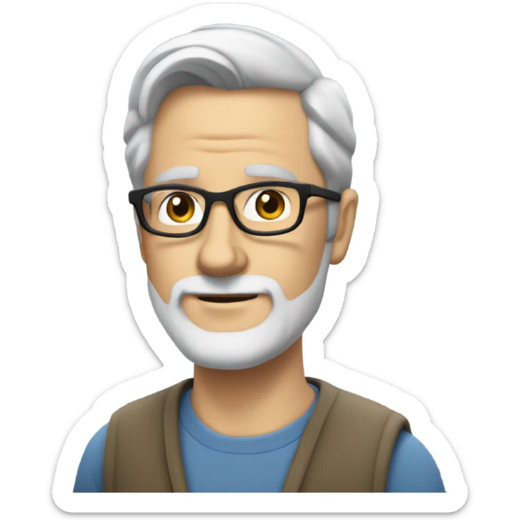 Middle aged white man with glasses, short dark hair, well groomed beard, and a grey beard sticker