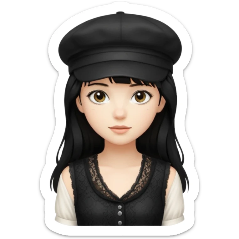 pinterst girl with heavy bang, black long hair and black color newsboy cap on her hat, wearing black color lace sleeveless  sticker