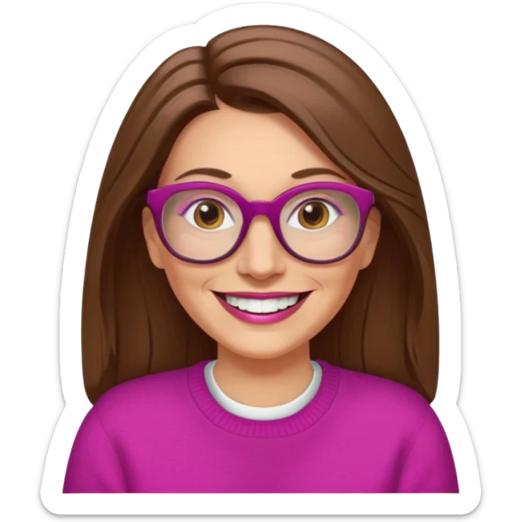 50 yr Caucasian woman, long brown hair parted on side, brown eyes, glasses, big smile, white teeth, fuscia sweater sticker