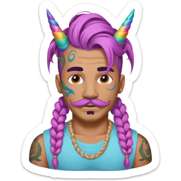 big lose braids starting from the top sides of the head hair like a unicorn man with mustache face wiith big visible loose only two braids and lots and lots of colored face tattoos colored tattoos like a tattoo artist hair unique color sticker