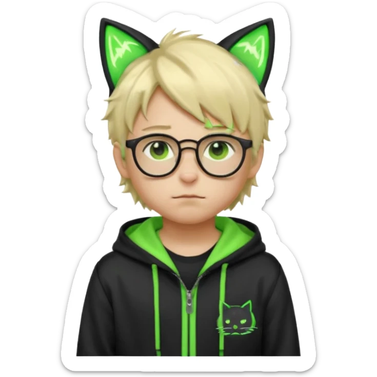 Light blond, slightly messy hair
Black glasses
A black hoodie with cat ears
Neon green details on the jacket and pants (glowing lines and stripes)
An overall hacker / cyberpunk style look
A neutral facial expression (boy )eyes brown) the hood with ears BROWN EYE BROWN EYE sticker