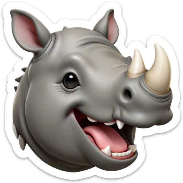 Cinematic Cute Yawning Rhinoceros Portrait Emoji, Head tilted slightly with a dramatic, wide-open yawn, showcasing a soft, textured slate-gray hide with a slightly drooping white horn and eyes barely open in drowsy contentment, Simplified yet irresistibly adorable features, highly detailed, glowing with a soft, cozy glow, high shine, relaxed yet expressive, stylized with a touch of rugged whimsy, bright and endearing, soft glowing outline, capturing the essence of a sleepy yet affectionate rhinoceros, so drowsy it feels like it could stretch out of the screen and curl up for a nap! sticker