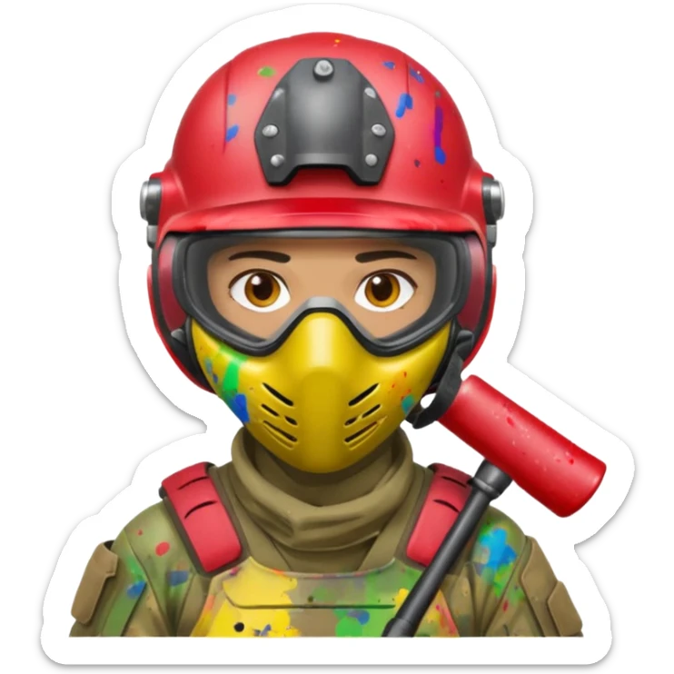 paintball player face shot with lots of colors messy red helmet sticker