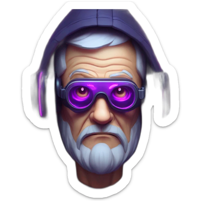 Russian old man wearing a black hoodie with "OMG" letters on it and VR headset in a cyberpunk VR environment with violet neon lighting. sticker