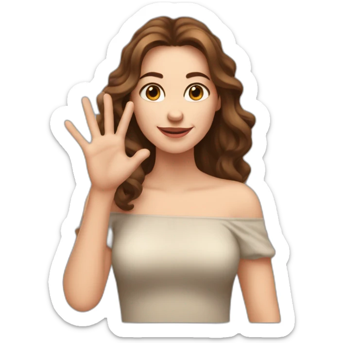 white woman with shoulder-length wavy brown hair, wearing an off-shoulder top, and making this gesture 🫶🏻 sticker