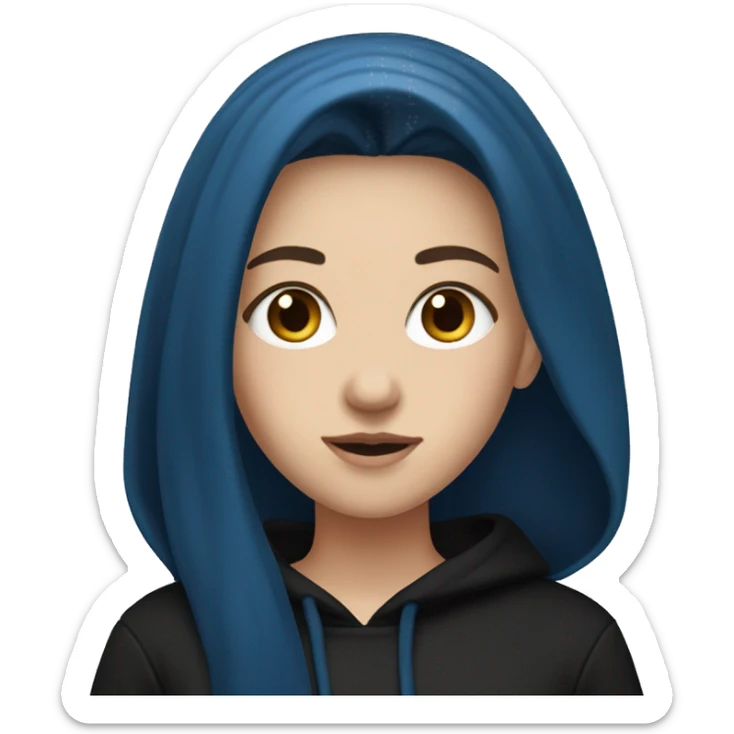 white girl with long straight dark blue hair wearing black hoodie sticker