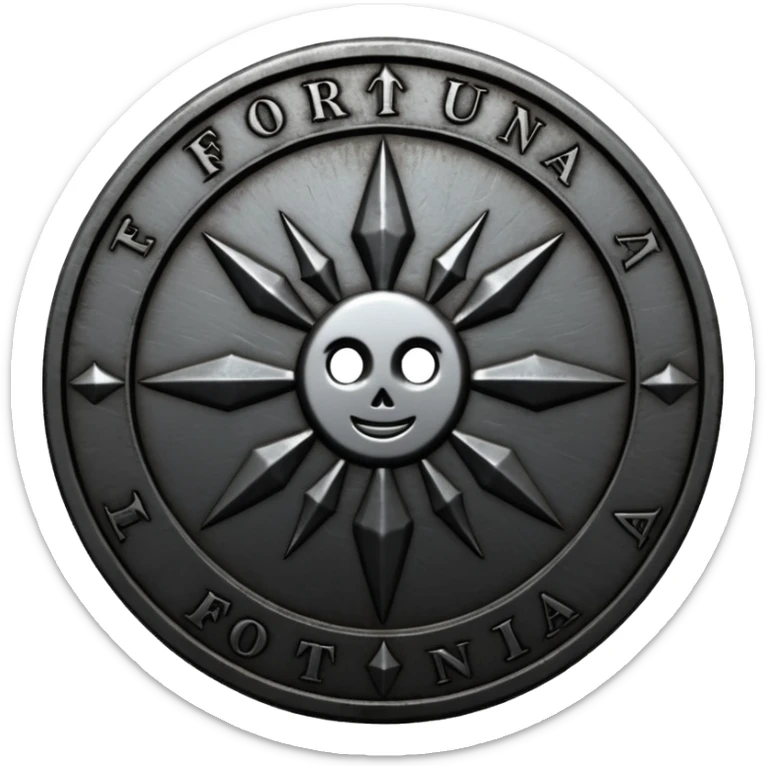 Minimal emoji, gothic metal coin made of black steel, engraved word FORTUNA at the center, ancient industrial aesthetic, worn metal texture, no glow, no neon, flat emoji design, centered, transparent background sticker