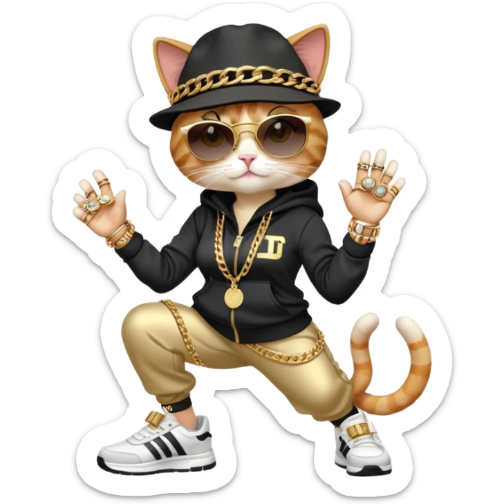 female cat wearing Run DMC hip-hop outfit with tracksuit, fedora, Adidas sneakers, dark sunglasses, many gold chains, rings, bracelets, flashy earrings, upright pose sticker