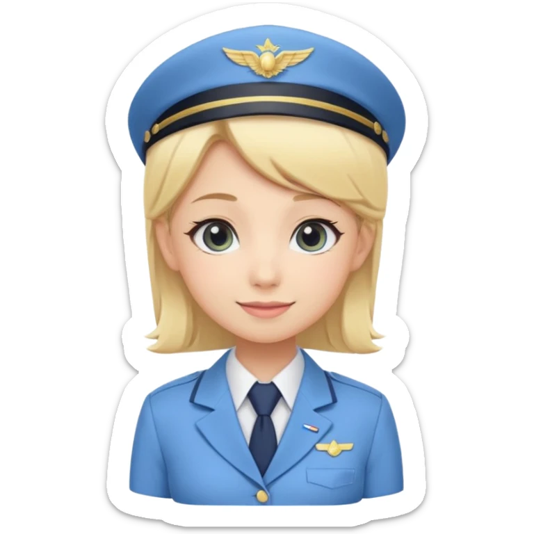 Cute emoji-style Japanese flight attendant, blonde hair, pastel blue airline uniform, kawaii cartoon style, big eyes, simple clean lineart, pastel colors, chibi proportions, friendly smile, sticker/emoji, transparent background sticker