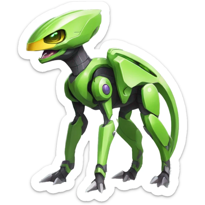 a shiny green Genesect-Raptor-Fakémon—hybrid with a futuristic visor-helmet full body sticker