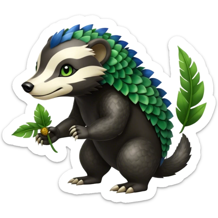 Cute cool fantasy animal hybrid Honey-Badger-Digimon-Fakemon full body, green scales, green leaves, brown eyes, blue feathers sticker