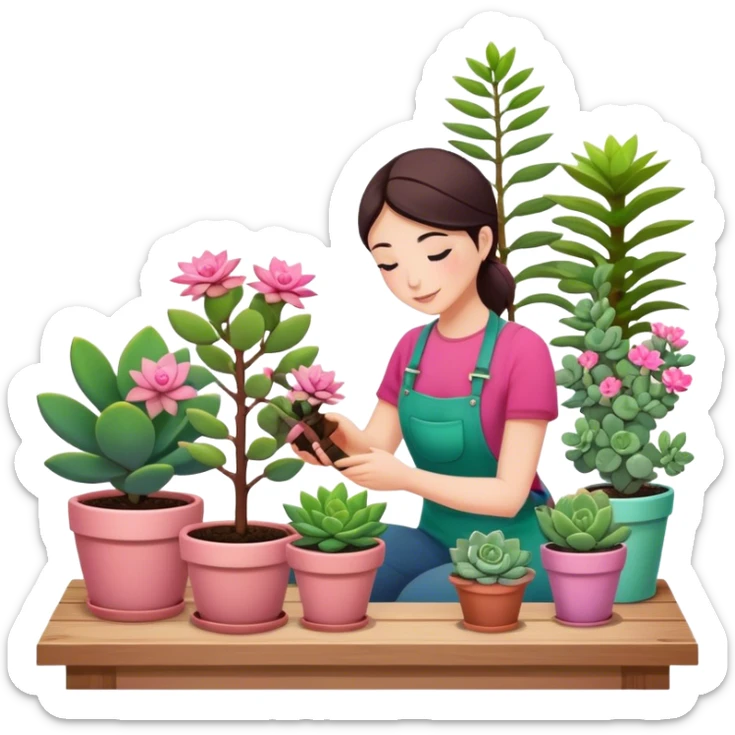 Close-up of planting a sapling in a pot. Around, potted plants and succulents with vibrant leaves and flowers. Sunlight filters through the window, casting soft shadows. Cozy indoor space with gardening tools on a wooden table. sticker