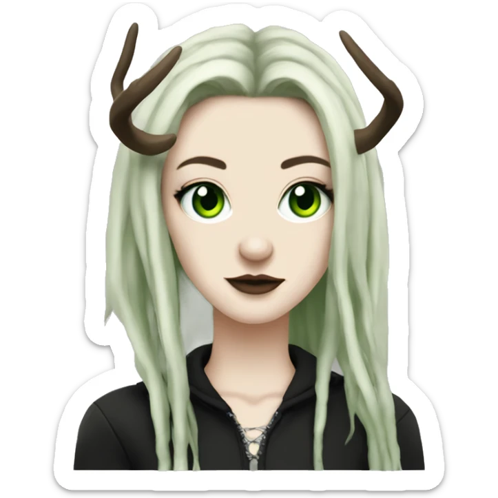 Portrait of a woman with pale skin, green eyes, black dreadlocks, eyeliner, deer antlers, punk, grunge sticker