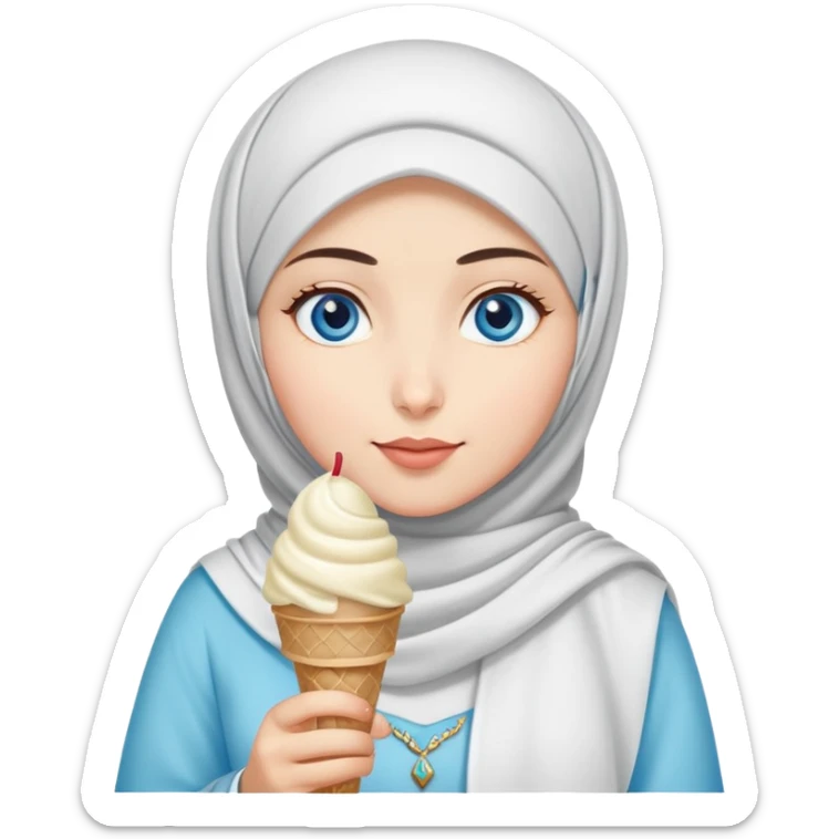 Turkish beautiful finish Konya girl blue eyes with ice cream hijab islamic dress and had on her hand ice cream  sticker