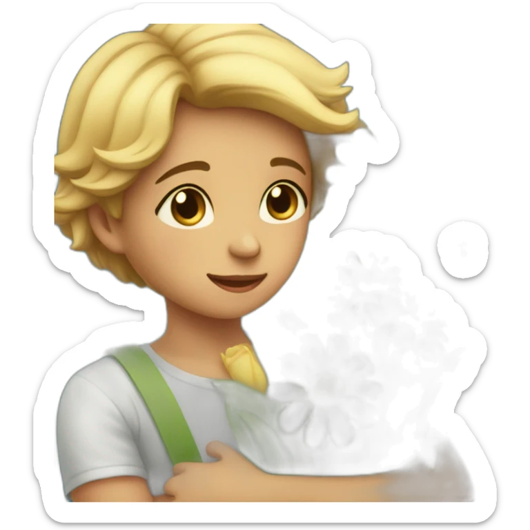 beautiful and kind child who buys flowers for his mother Tears gather in the mother's eyes and she hugs her sticker