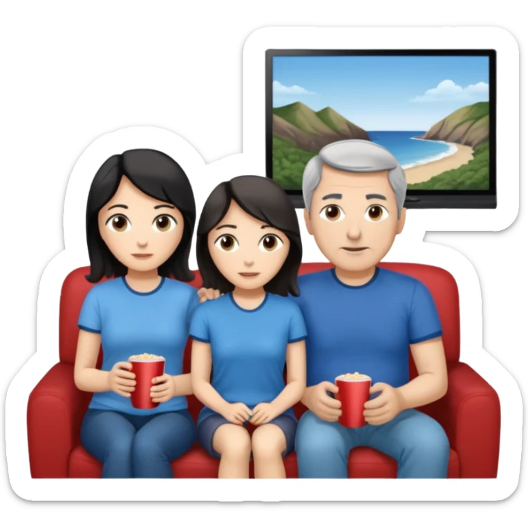 middle-aged couple Watches a movie in the living room • Physical description: • man: brown eyes; very short grayish-black hair • woman: Long wavy silver grayish-brown hair tied in a ponytail; blue eyes sticker