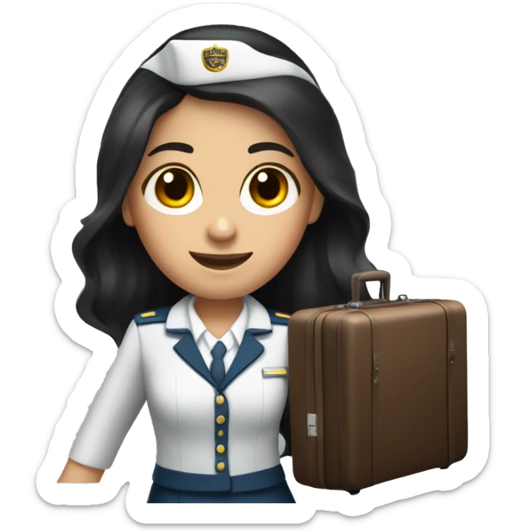 long dark hair brown eyed girl flight attendant holding suitcase sticker