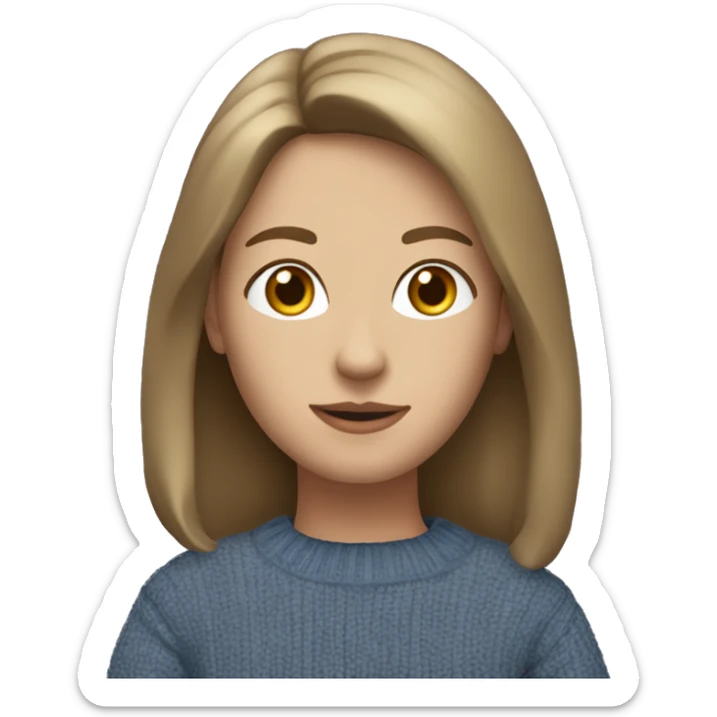 “Emoji-style portrait: 154 cm tall, proportional figure, dark blonde shoulder-length hair, oval face, deep brown eyes, small nose, medium-full lips, wearing a blue sweater and jeans.” sticker