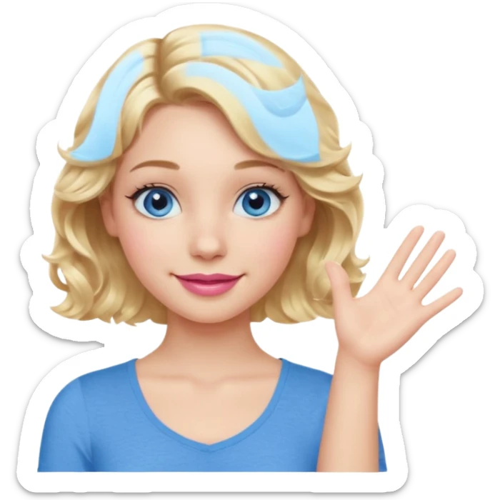 Girl Blonde short wavy hair,  blue eyes, cute blue top, long lashes, pink lips, smiling, one hand palm up side ways  sticker