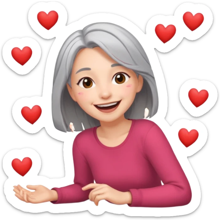 Shoulder length gray hair girl rolling on floor laughing with hearts  sticker