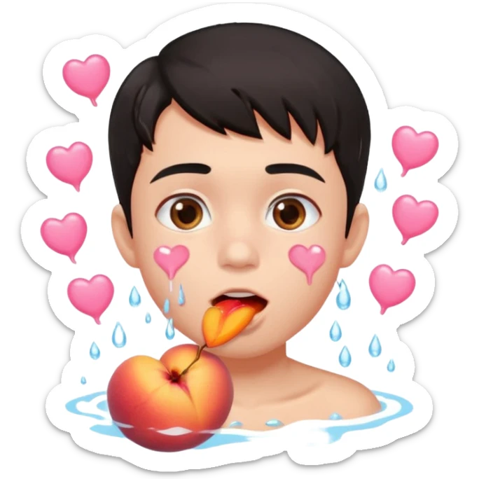 Cute boy, light pink eyes, grown out dark hair, eating a peach, pink hearts floating , water dripping from mouth sticker