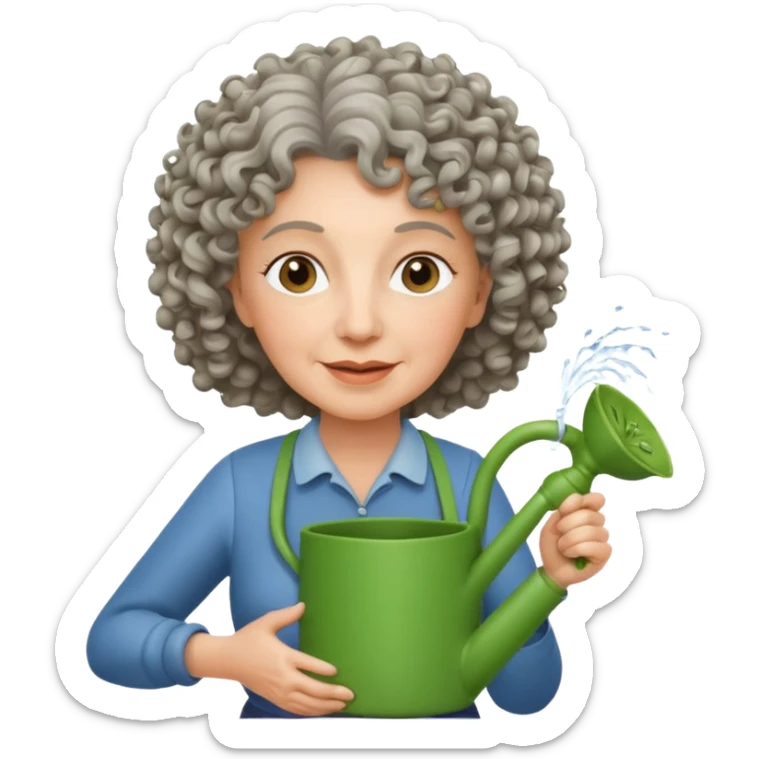Older female florist – curly hair, hold garden watering pot sticker