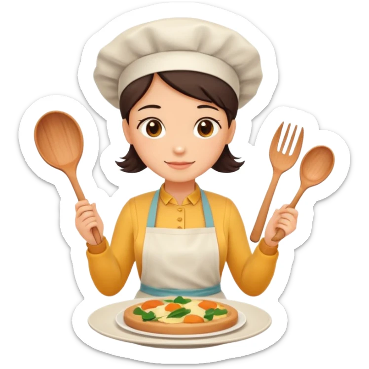 Home cooking avatar in clean emoji-style illustration. Homemade dishes on a plate, warm cozy colors, simple shapes, flat design, high contrast, friendly and inviting. sticker