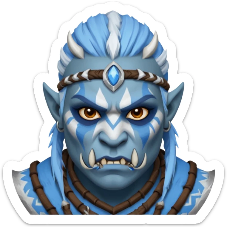 Fantasy orc portrait emoji, white and blue frost war paint on face, harsh winter warrior mood, strong expression, minimal tribal design, clean readable emoji style, male/female variant
 sticker