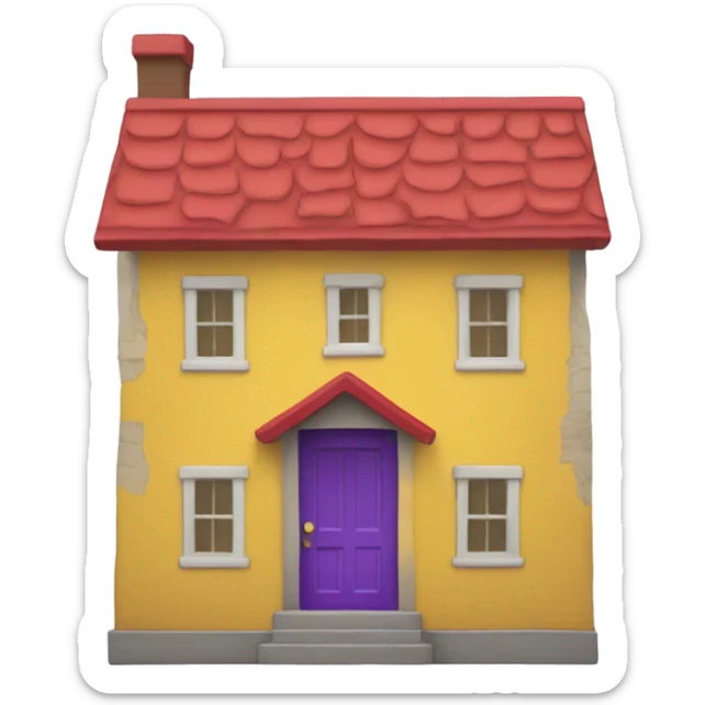 A house with a red roof on the yellow outside and a purple door sticker