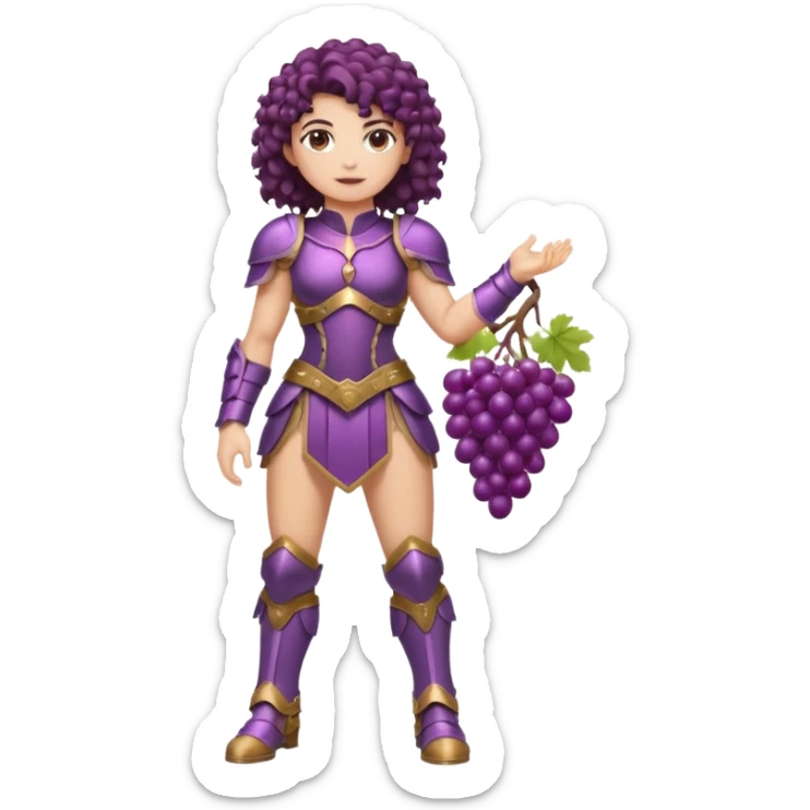 full body woman short curly brown mullet brown eyes white skin muscular build grape cluster armor outfit sticker