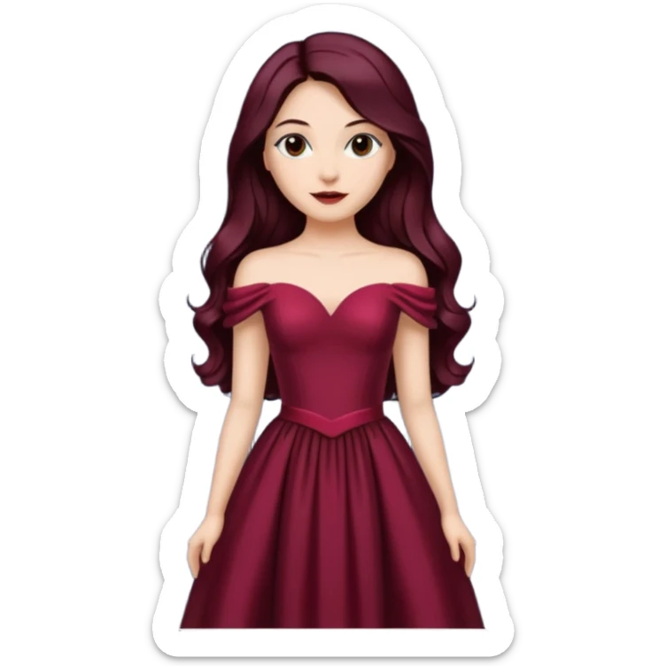 young glamorous woman 
Long waist-long hair
centre part
slightly wavy
dark burgundy hair 
 sticker