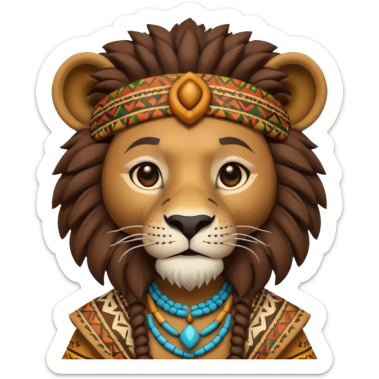 a-3d-cartoon-african-lion-from-the-1800s-wearing-traditional-african-tribal-clothing,-calm-expression,-natural-background,-memoji-style-realism. sticker