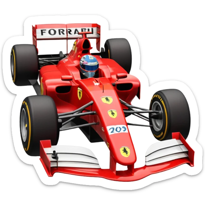 three-quarter view of a red iconic Ferrari F1 car from the 2000s with visible rear wing, emoji style sticker