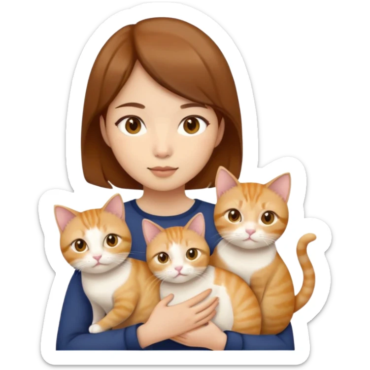 Asian girl, brown hair, brown eyes skin tone beige holding three cats one ginger, one yellow white one British short hair and cream colour sticker