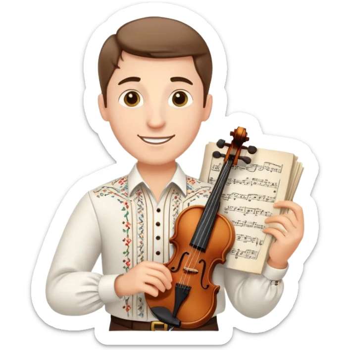a happy guy in a white Ukrainian embroidered shirt, holding sheet music in one hand and a violin key in the other sticker
