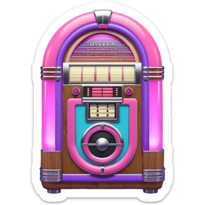 3D render of Jukebox, vintage 1980s audio equipment aesthetic, tactile analog buttons, neon pink and purple light tubes with chrome trim, mixed wood grain and brushed aluminum textures, Apple emoji style, isolated on white background --v 6.0 sticker