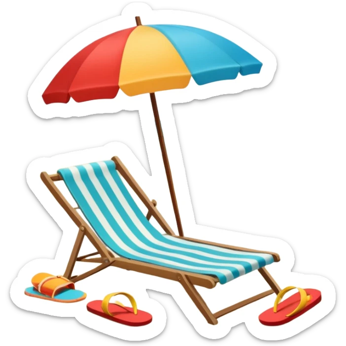 Icon for Beach Tourism: a sunny beach with the sea and waves, a lounge chair, a sun umbrella, and flip-flops on the sandy shore. The background should be a clear, vibrant ocean view with the sun shining brightly. Transparent background. sticker