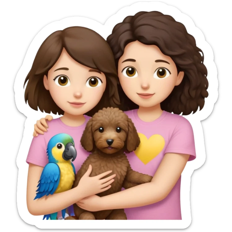 One girl with medium long dark brown hair dressing baby pink T-shirt, hugging One little brown coated labradoodle and a yellow-headed, blue-bellied macaw sticker