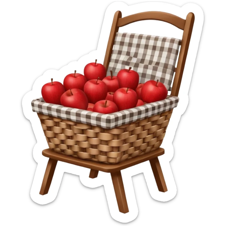 woven basket with apples and white checkered cloth on a white wooden chair, brown sticker