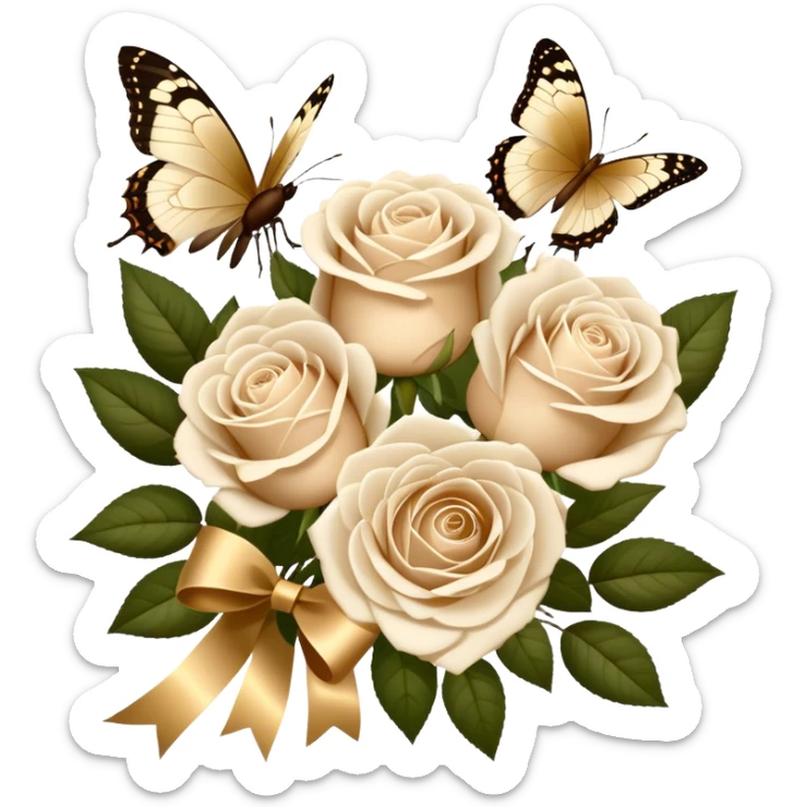 A bouquet of white Ascott tea roses next to a beige aesthetic and a brown beautiful butterfly and a gold silk ribbon sticker