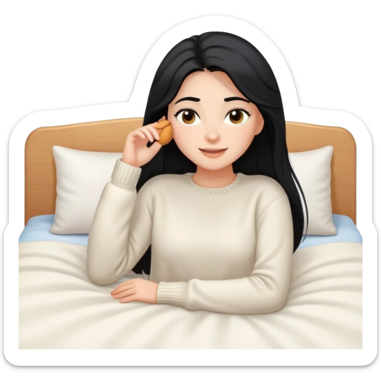 A woman with longer black hair, light to medium skin tone, full cheeks, and almond-shaped eyes, wearing a simple white sweater, lying comfortably on a bed with soft lighting, joyful and radiant expression sticker