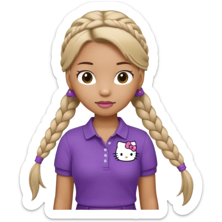 hello kitty wearing purple polo shirt and kyaki pants with long fishtail braids baddie sticker