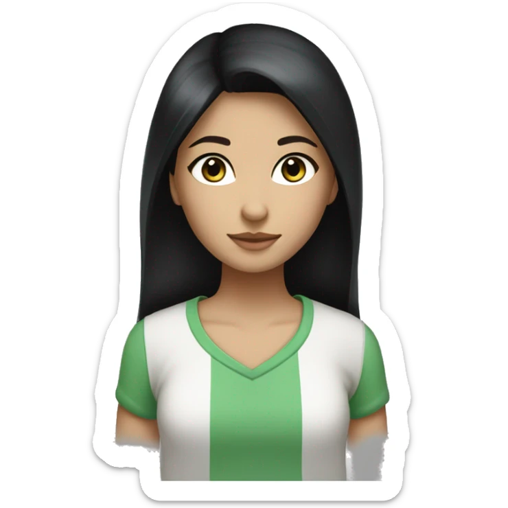Girl, long straight black hair, big brown eyes, white skin, eyelashes, green shirt sticker