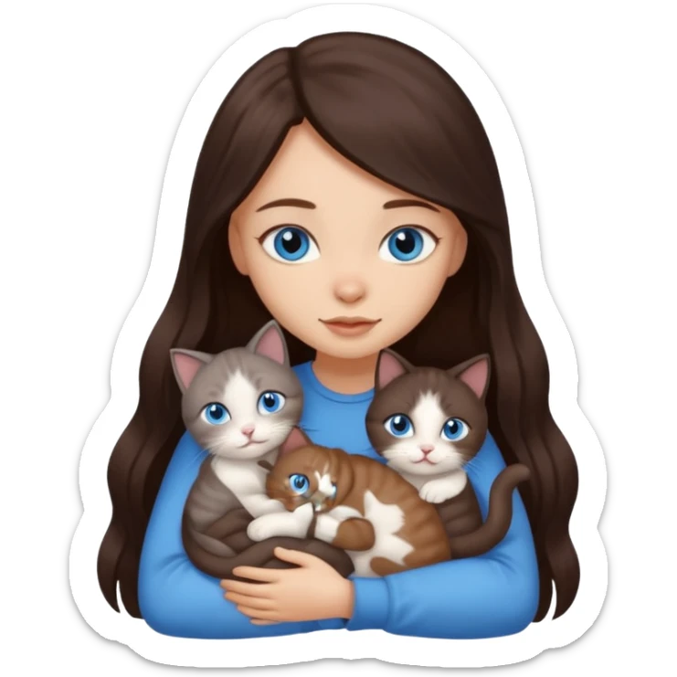 a pretty girl with long dark brown hair, with blue eyes, hugs 3 different natural coloured small cats sticker