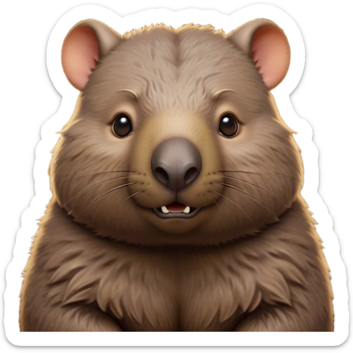 Cinematic Noble Wombat Portrait Emoji, Poised and regal, with a stout, muscular build and a dense, shaggy fur of earthy brown, deep-set soulful eyes with a hint of gruff wisdom, Simplified yet sharp and sophisticated features, highly detailed, glowing with a warm, dignified glow, high shine, intelligent and sturdy, stylized with an air of bushland majesty, focused and attentive, soft glowing outline, capturing the essence of a watchful and confident burrower, so majestic it feels as though it could plod out of the screen with effortless authority! sticker