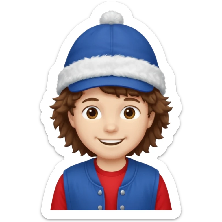 brown fluffy hair kid with blue and white hat dark blue jilet red t shirt sticker