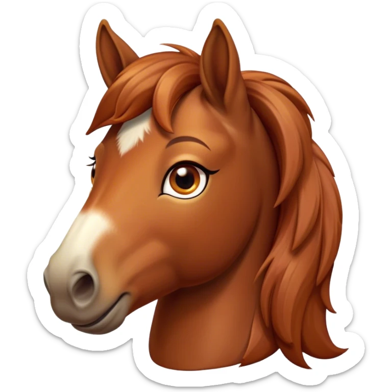 Cinematic Cute Chestnut Horse Portrait Emoji, Head tilted playfully and inquisitively, showcasing a glossy chestnut fur with a vibrant sheen and gentle, expressive amber eyes, Simplified yet irresistibly adorable features, highly detailed, glowing with a warm, friendly glow, high shine, affectionate and spirited, stylized with a touch of whimsy, bright and endearing, soft glowing outline, capturing the essence of a mischievous yet loving horse, so playful it feels like it could prance out of the screen and into your arms! sticker
