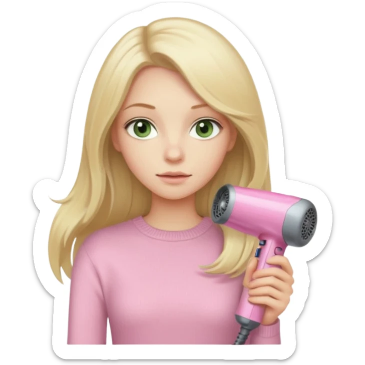 blonde girl with pale green eyes, long hair, beige sweater, and pink Dyson hair dryer, iOS emoji style sticker