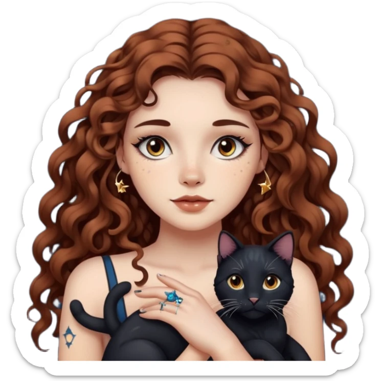 woman with long curly brown hair, brown eyes, white skin, tattoos, black cat made of star constellations beside her sticker