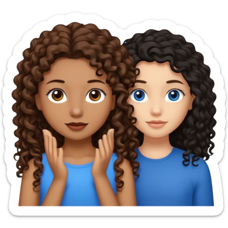 Two best friends .bestie 1: beige skin with brown long hair and blue eye. Bestie 2:mixed race skin with curly black hair and brown eye sticker